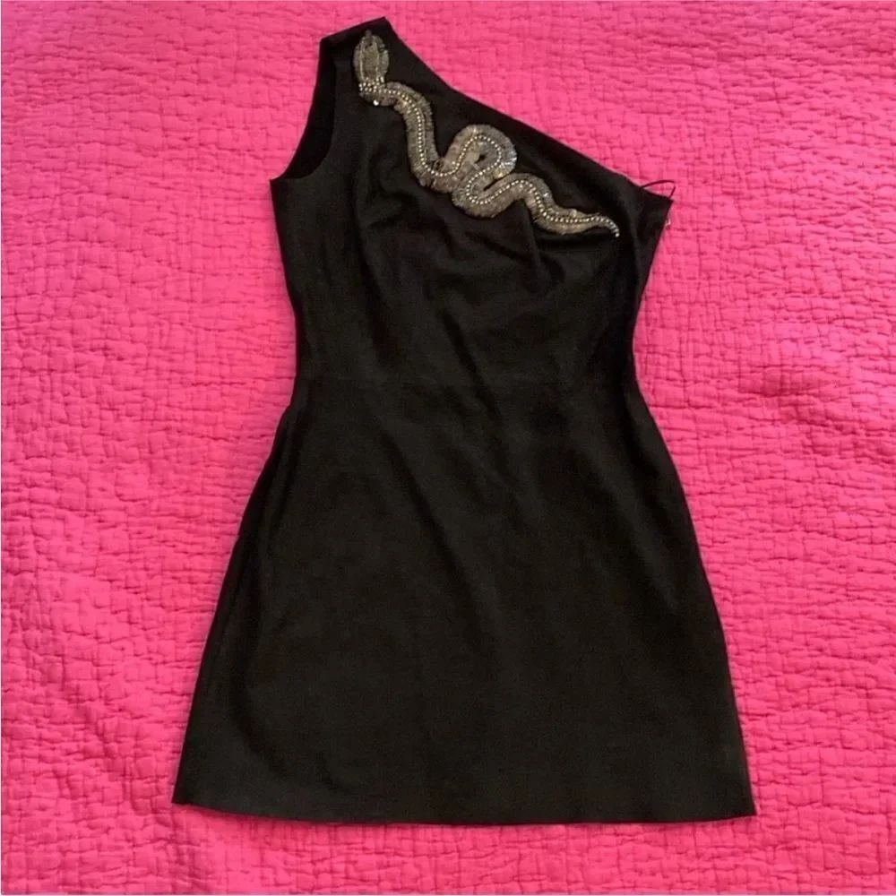 Balmain Black One-Shoulder suede Dress with Snake Detail, XS